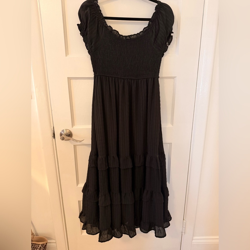 Women’s Black Smocked Ruffle Maxi Dress